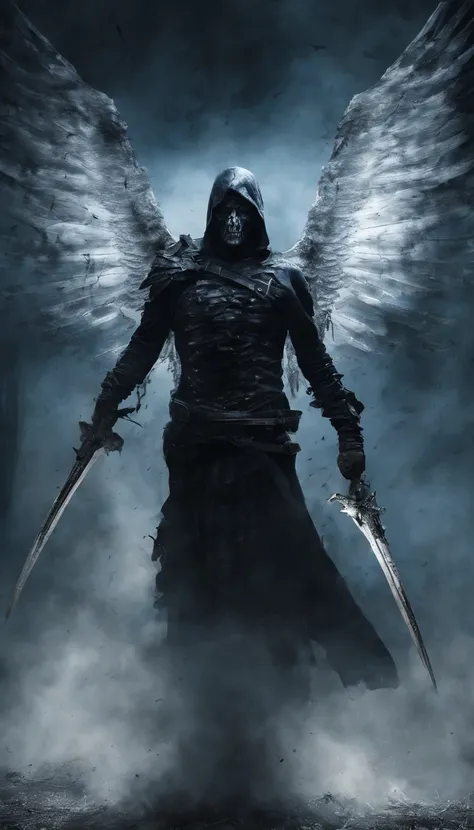 Ultra-realistic: A warrior with wings spread a gloomy, dark smoke setting , clear face, flowing blue streaks, particles