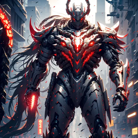 dark_fantasy,cyberpunk,(chain saw,chain saw man,red:1.1),1man,mechanical marvel,robotic presence,cybernetic guardian, wearing a ...