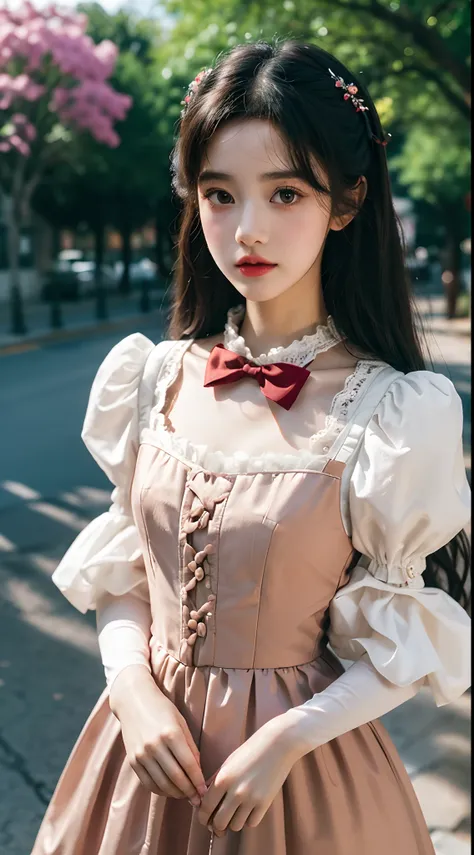 (Best quality,16k,High resolution photography:1.2), Lolita style, Wearing Lolita clothes, （Lolita style clothing，Lace is included in the requirements、Elements such as bows and puff sleeves，And presents elegant and cute features）,Korean and Japanese beautif...