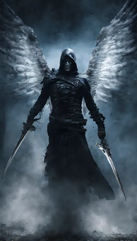 Ultra-realistic: A warrior with wings spread a gloomy, dark smoke setting , clear face, flowing blue streaks, particles