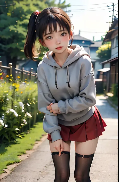 top-quality、masuter piece、ultra-detailliert、8ｋ、独奏、Kawaii Girl、12year old、Short、Gray hoodie、a red skirt、Black knee socks、blurry backround:1.5、plein air、flower  field