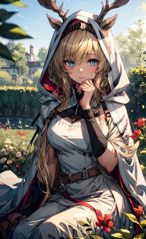 "(best quality, masterpiece:1.2), 1 girl with long blonde hair sitting in a field of green plants and flowers, her hand resting under her chin, warm lighting, white dress, blurry foreground"