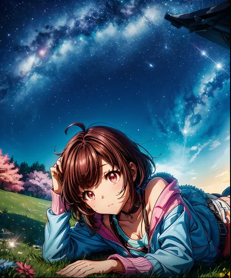 Describe a scene where a cute girl character is lying on a grassy hill, Looking up at the starry sky. Surround her with colorful nebulae and her favorite constellations.