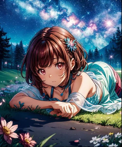 Describe a scene where a cute girl character is lying on a grassy hill, Looking up at the starry sky. Surround her with colorful nebulae and her favorite constellations.