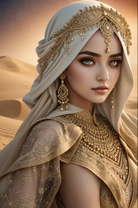 intricate digital illustration of the "Empty Quarter Bride" wearing a modest dress and a face cover, representing the traditional customs and values of the Arabian Peninsula. She is depicted with grace and elegance, symbolizing the beauty that lies beneath...