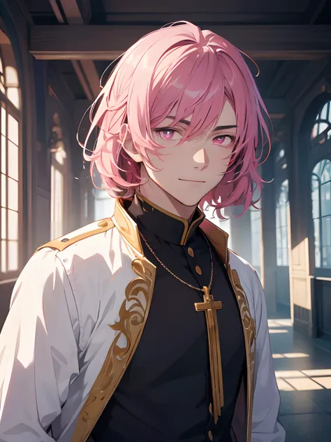 1man, solo, male focus, tmasterpiece, fantasy world, warm smile, handsome, pink hair, pink eyes, highest quality digital art, Stunning art, stunning art, wallpaper 4K, 8K, 16K, 32K, absurdres, highly detailed, anime masterpiece, serene expression, anime, b...