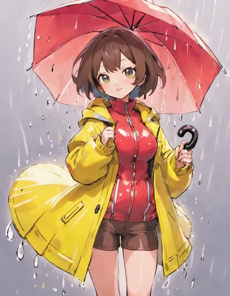 can you draw a lady in a pvc yellow rain coat and red umbrella, the lady has large breasts and is about 50 years of age, she has long legs, she has short hair, with it styed to one side, her hair is a dark brown, drawn by sowsow