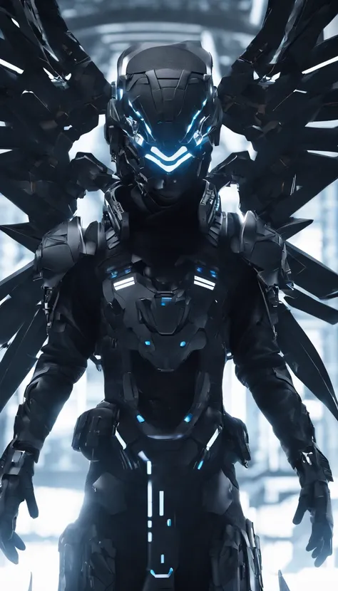 A warrior with wings spread a gloomy, dark smoke setting , clear face, flowing blue streaks, particles, mecha helmet,