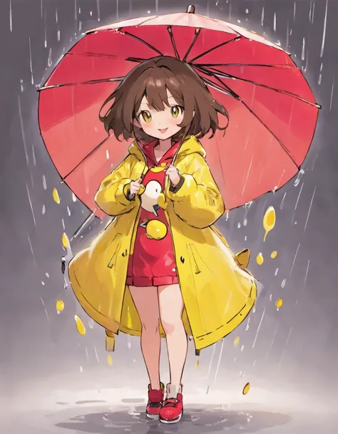 can you draw a lady in a pvc yellow rain coat, holding a large red umbrella, the lady has large breasts and is about 50 years of age, she has long legs, she has short hair, with it styed to one side, her hair is a dark brown, drawn by sowsow