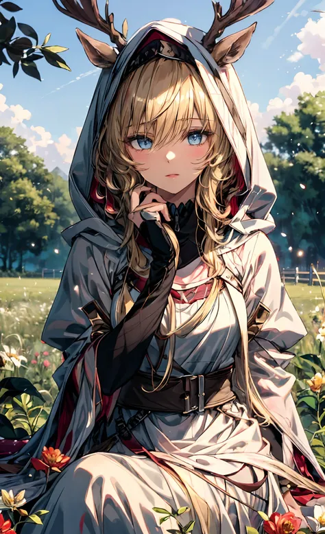 "(Best quality, Masterpiece:1.2), 1 girl with long blonde hair sitting in a field of greenery and flowers, her hand under her chin, Warm lighting, White dress, blurryforeground"