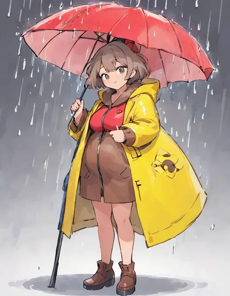 can you draw an old lady in a pvc yellow rain coat, holding a large red umbrella, the lady has large breasts and is about 50 years of age, she has long legs, she has short hair, with it styed to one side, her hair is a dark brown, drawn by sowsow