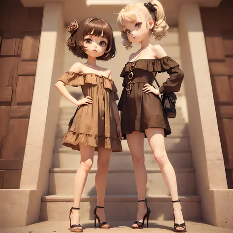 Cute Baby Chibi Anime,(((Chibi 3D))) (Best Quality) (Master Price)、Sauvage Hair、(Brown Jasper Pattern Off Shoulder Dress：1.4）、Put one hand on your hip、Stand with your legs open、high-heels、Shoulder bag、long stairs、a small face、petite body（Chibi:1.4)