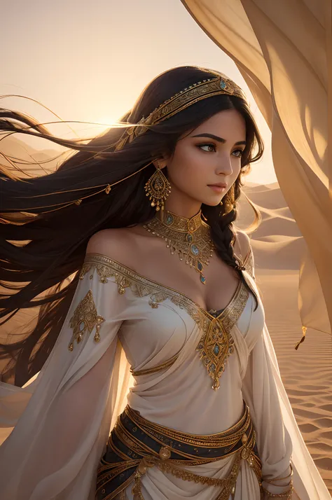 Elegant and charming image, Powerful and mysterious Arab woman, Her flowing hair fluttered in the flowing desert breeze. She wields a gorgeous bow, Decorated with intricate decorations and ornate designs. sunrays casting long shadows, Highlight the delicat...