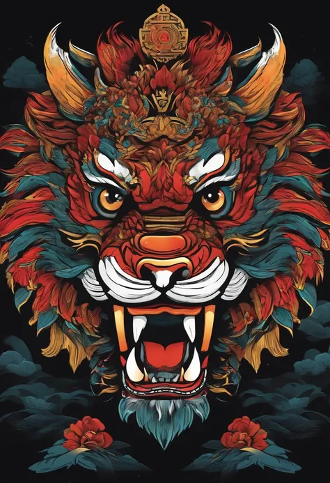 /imagine prompt: Chinese lion dance illustration with sticker on black background, Bold outline style, Jagged edges, Trash core, Light Shadow --V 5.2