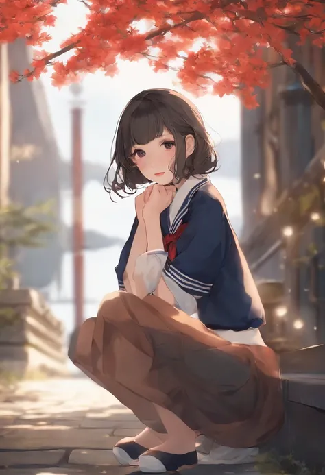 infp young woman、18year old、独奏、japanes、High school students、a sailor suit、embarrassed from、cute little、short-hair、crouching down