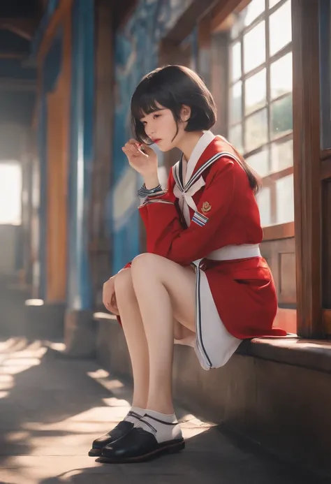 infp young woman、18year old、独奏、japanes、High school students、a sailor suit、embarrassed from、cute little、short-hair、crouching down