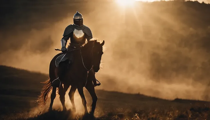 Royal Knight with a majestic aura, adorned in gleaming armor, wielding a legendary sword, standing tall amidst a medieval battlefield, rays of sunlight illuminating the scene.