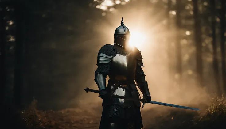 Royal Knight with a majestic aura, adorned in gleaming armor, wielding a legendary sword, standing tall amidst a medieval battlefield, rays of sunlight illuminating the scene.