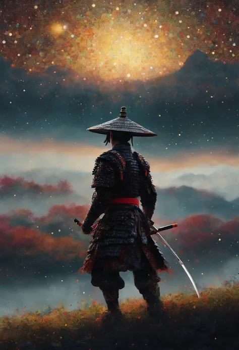 The samurai holds a katana, Starry skies and mist shroud the landscape.