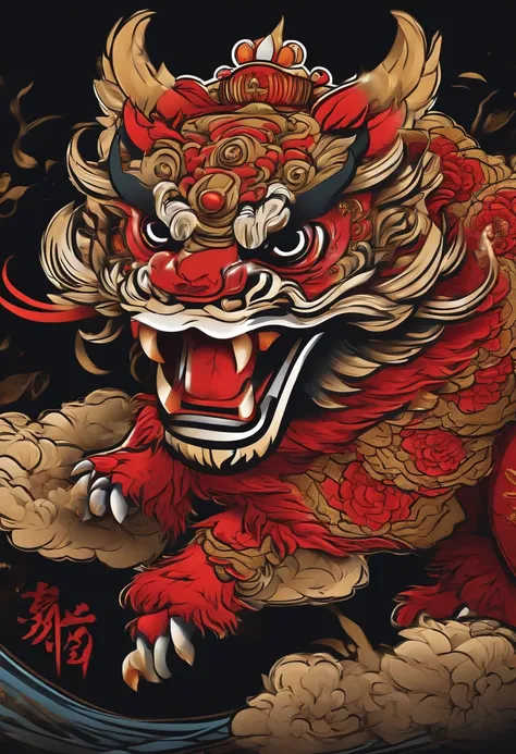 /imagine prompt: Chinese lion dance illustration with sticker on black background, Bold outline style, Jagged edges, Garbage core, Light and shadow --V 5.2