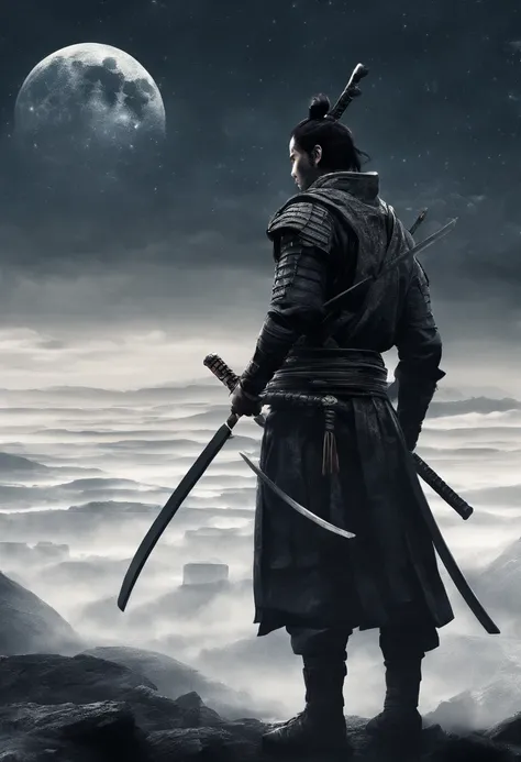 The samurai holds a katana, Starry skies and mist shroud the landscape.