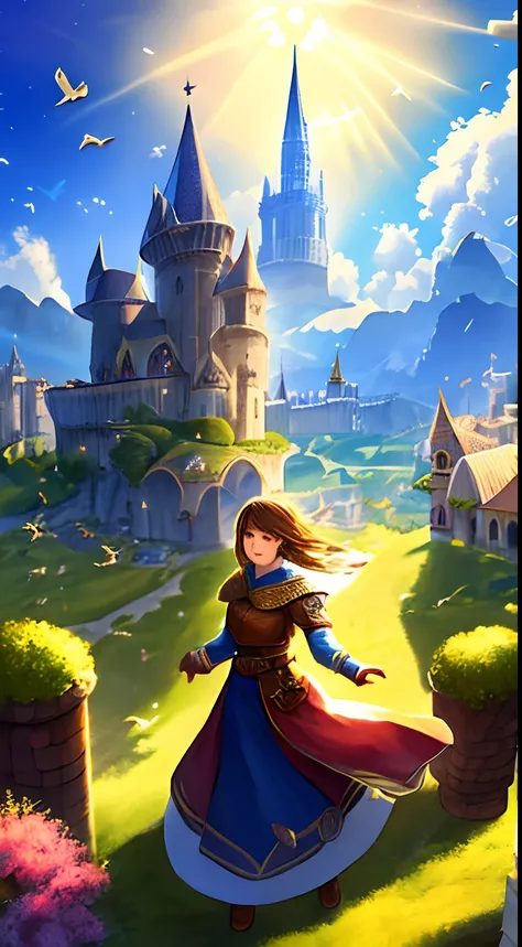 A young girl，Have faith，Happy，medieval kingdom. Sunny morning. 8K resolution. Ratio 3:2. Very high drawing skills. Birds eye view. Very stunning view. amazing lighting effect. Thick medieval fantasy illustration. Very large area.