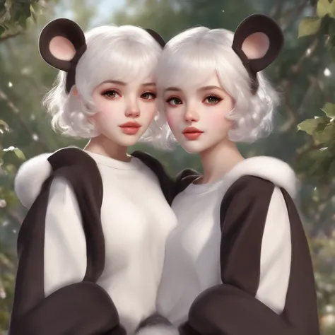 Twins,mouse girls,short fluffy white hair,big round mouse ears,white sweaters,holding hands,(dark brown eyes),couple,beautiful,glossy lips,detailed eyes,highres,ultra-detailed,realistic,portraits,vivid colors,soft lighting