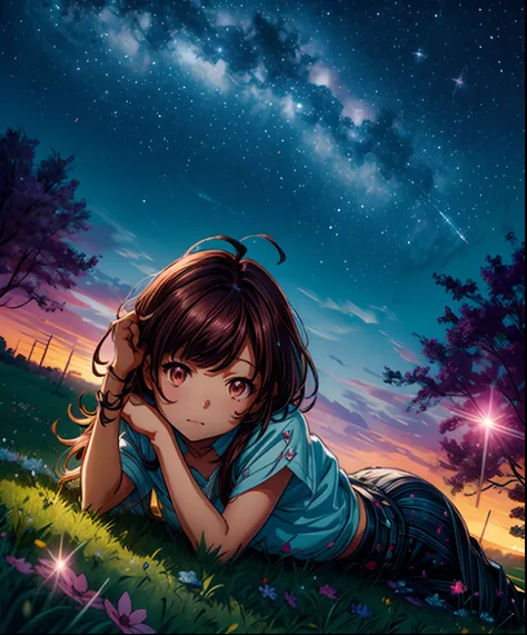 Describe a scene where a cute girl character is lying on a grassy hill, Looking up at the starry sky. Surround her with colorful nebulae and her favorite constellations.