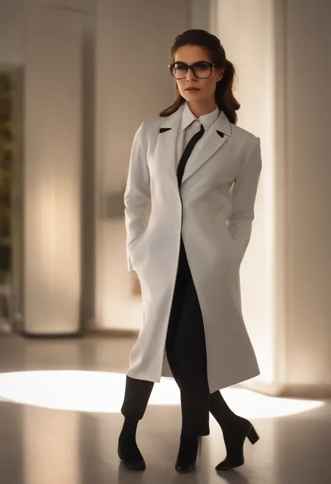 lawyer, woman, brunette, full body, light brown eyes and straight brown hair tied up, looking like a Pixar character, in a very dark full suit, white shirt, black shoes and small glasses with rounded corners, white background.