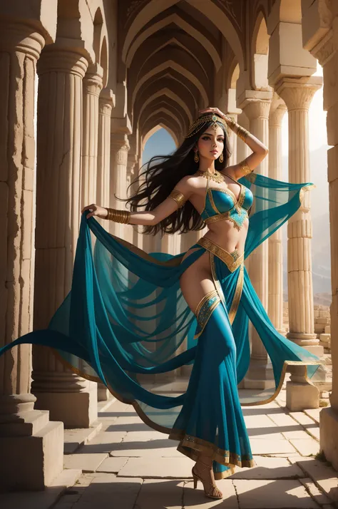 Beautiful Enchanting Arabian dancer in a captivating costume, gracefully posing amidst mystical ancient ruins."