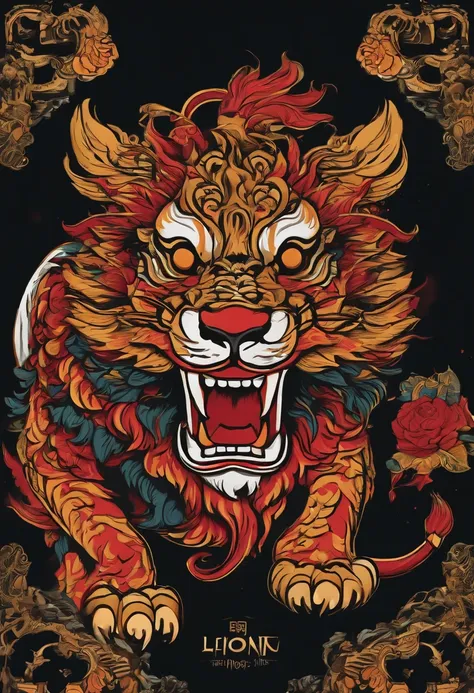 /imagine prompt: Lion dance illustration on front with black background sticker, Bold outline style, Jagged edges, Trash core, Light Shadow --V 5.2