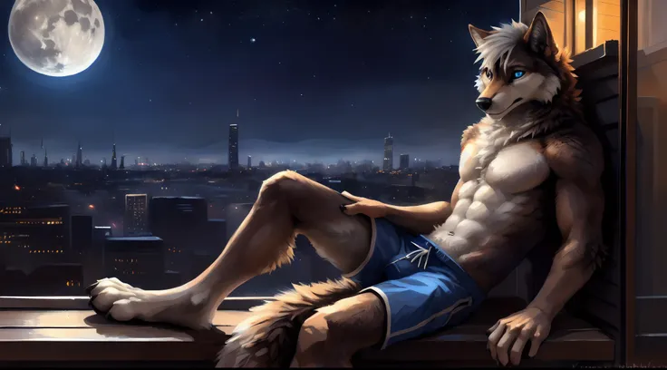 ((Solo)), male people, anthro wolf, (Multi-colored fur, White-brown:1.3), ((Wolf face, White hair, Big eyes, White eyelids, Blue pupil, Slim:1.2) (Tough, Calm expression:1.2)), Abs, Slim, pinging)), (Correct anatomy), (Work shorts:1.1), (Contour bone:1.2),...