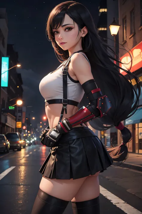 masterpiece, best quality, 7rtifa, crop top, arm guards, fingerless gloves, suspenders, pleated miniskirt, black thighhighs, upper body, standing, (leaning tower of pisa) in background, looking at viewer, smile Negative prompt: (worst quality, low quality:...