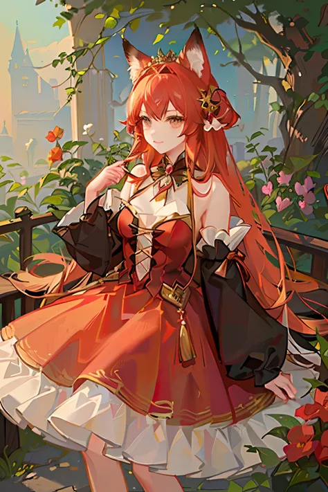 Red long-haired，Red fox ears，Golden eyes，trpical garden，Princess dress，diadems，A princess