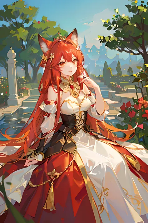 Red long-haired，Red fox ears，Golden eyes，trpical garden，Princess dress，diadems，A princess