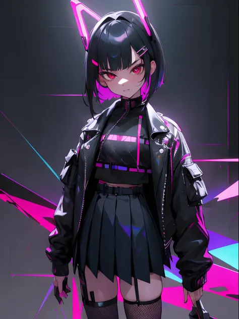 masterpiece, best quality, highres, 1girl, skirt, solo, short hair, black hair, blue highlights, flat chest, slim, skinny, red eyes, thighhighs, shirt, holographic skirt, black shirt, black fishnets, hair ornament, bangs, pleated skirt, shirt tucked in, hi...