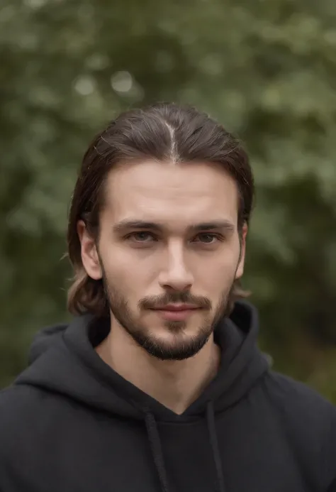 German man around 30 years old, natural brown hair in a manbun, manbun, slightly receding hairline, thick beard, distinctive light brown eyes, wearing a black hoodie, 176 cm tall average build male, candlelight in a medieval setting, ultra sharp focus, rea...