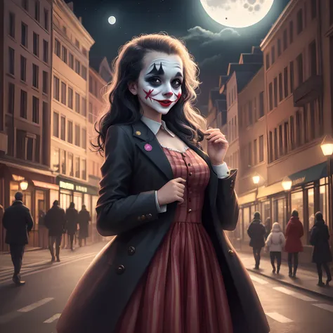 Girl dressed as a Joker in the middle of the city where the darkness of the night and the moon behind her