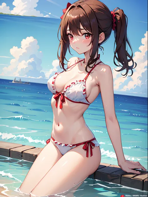 ((4K, ​master piece, Best Quality)), 1girl in, Light brown SHRT hair, Red Eyes, center parted hair, medium breasts⁩, Cute, blush, swimsuit, summer