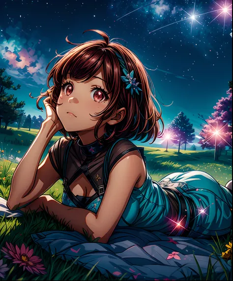 Describe a scene where a cute girl character is lying on a grassy hill, Looking up at the starry sky. Surround her with colorful nebulae and her favorite constellations.