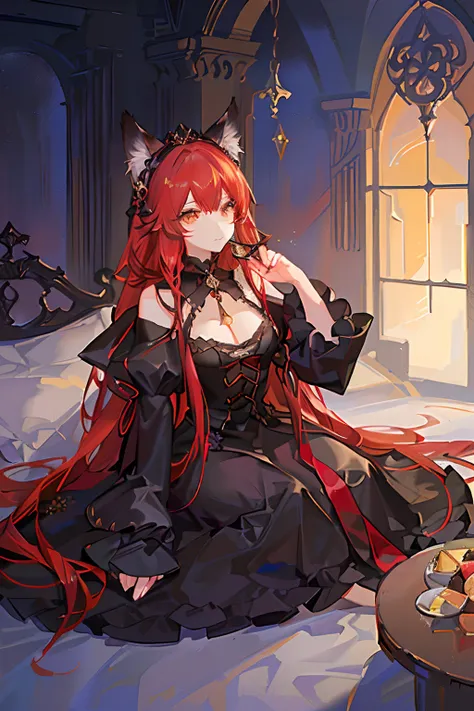 Red long-haired，Red fox ears，Golden eyes，Black princess dress，diadems，A princess，Dark Gothic