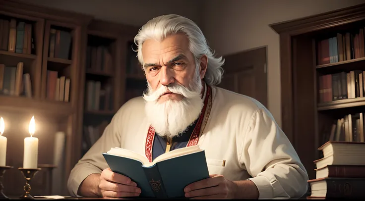 Homem velho, com barbas brancas lendo um livro, a luz de vela, in a room with several books