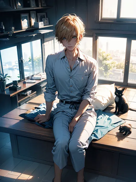 Power of chainsaw man wearing pajamas and slippers, face in doubt, with his cat, lying on the sofa in his living room, BREAK, open window, vase with flowers on top of the bedside table, Full body, (ultra-realistic), { extremely detailed 8k CG unity wallpap...