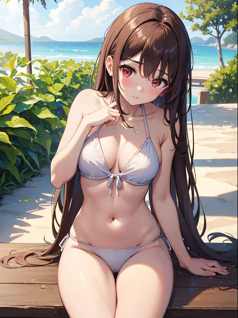 ((4K, ​master piece, Best Quality)), 1girl in, Light brown SHRT hair, Red Eyes, center parted hair, medium breasts⁩, Cute, blush, Swimsuit, Summer