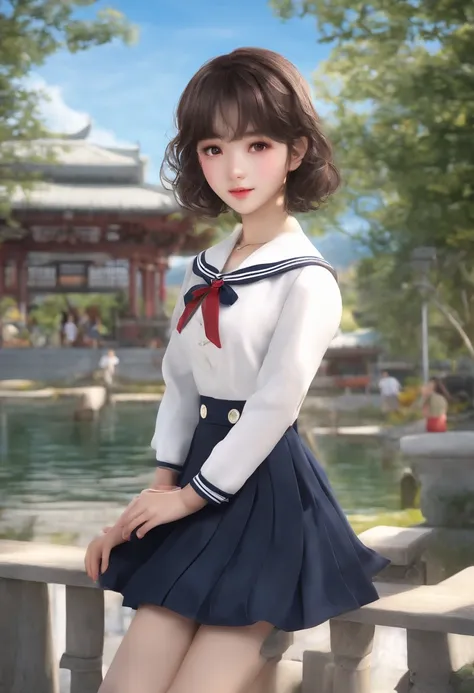 Realistic, Photorealsitic、modeled、infp young woman、18year old、独奏、japanes、High school students、a sailor suit、pretty embarrassing、cute little、short-hair、a short skirt