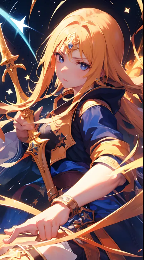 (masterpiece), best quality, expressive eyes, perfect face, Magic, stars, Orange Right side, blue left side, Big Sword, tired eyes blood over face no armor,