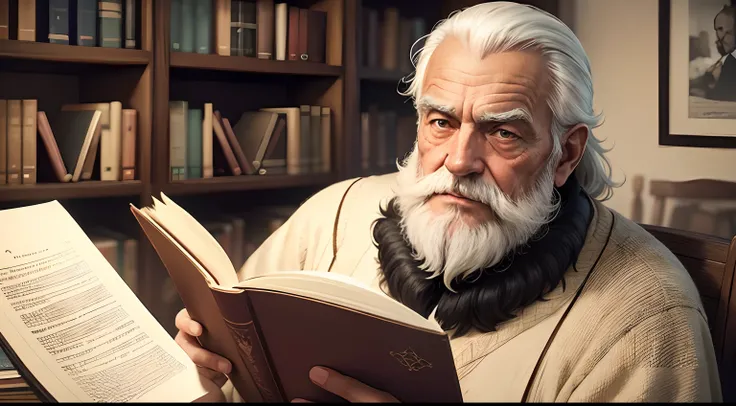 Homem velho, com barbas brancas lendo um livro, a luz de vela, in a room with several books