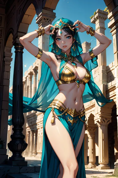 Beautiful Enchanting Arabian dancer in a captivating costume, gracefully posing amidst mystical ancient ruins."