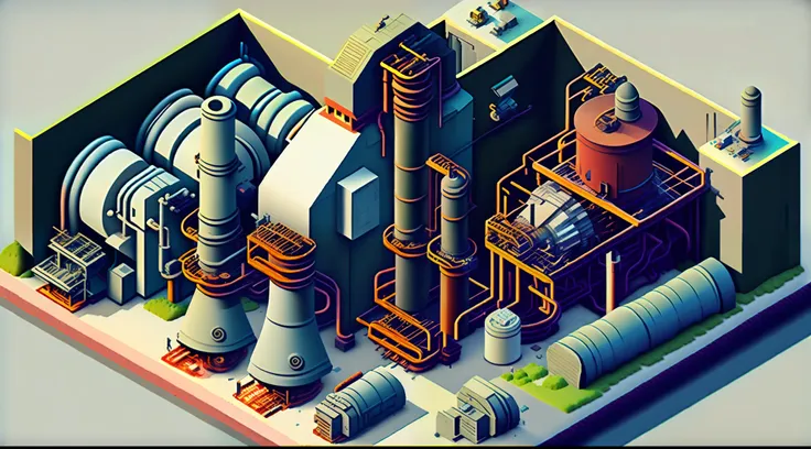 sharpness，isometric perspective+high-tech steel mill，smelting furnace area！trabalhado！control area！chimneys！