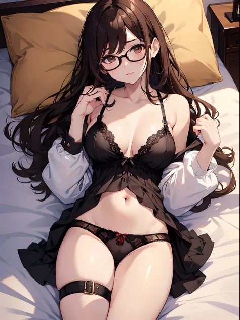 Sex 1 person、brown haired(Curta)、Brown eyes、Black-rimmed glasses、Best Quality、ultra-detailliert、8K resolution、Raw photo、masutepiece、seductive boobs、gorgeous faces、Perfect body、Lying in bed、Underwear